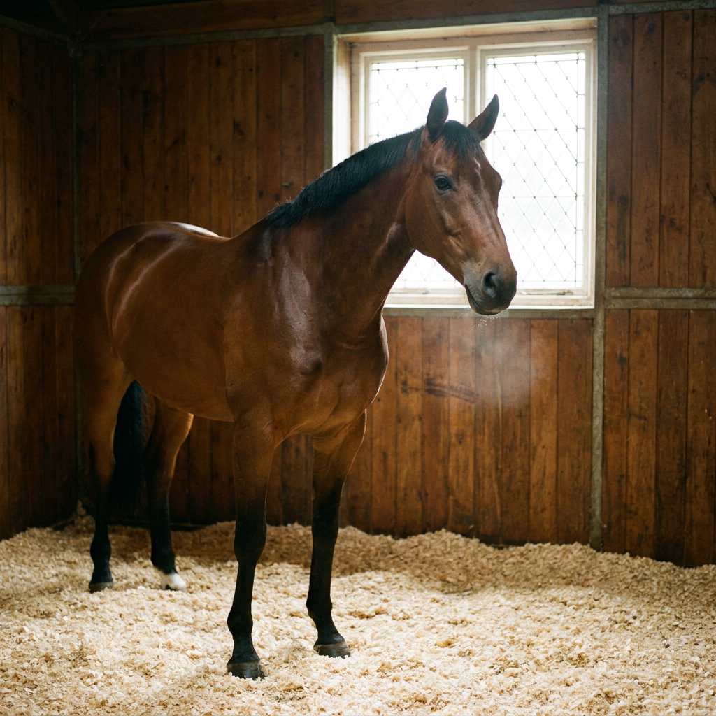 Horse standing on clean shavings bedding in an Irish stable yard